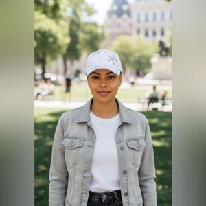 White Cap with Rhinestone Floral Design